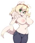  1girl absurdres animal_ears animal_nose black_pants blonde_hair body_fur breasts dog_ears dog_girl dog_tail eyebrows_visible_through_hair furry furry_female glasses green_eyes highres large_breasts looking_at_viewer medium_hair nipples original pants parted_lips round_eyewear simple_background slugbox smile snout solo tail thick_eyebrows topless white_background white_fur 