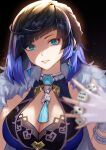  1girl absurdres adamosina arms_up asymmetrical_bangs bangs bare_shoulders black_hair blue_eyes breasts brooch dice earrings eyebrows_visible_through_hair genshin_impact highres jewelry large_breasts upper_body yelan_(genshin_impact) 