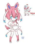  2022 accessory apron blue_eyes blush bow clothing dress eeveelution female hair hair_accessory hair_bow hair_ribbon hand_behind_back hand_on_cheek humanoid looking_at_viewer nintendo not_furry pink_hair pok&eacute;mon pok&eacute;mon_(species) ribbons rosse_chan signature simple_background solo sylveon video_games white_background 