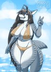  2022 absurd_res anthro beach big_breasts blue_body blue_skin breasts clothing digital_media_(artwork) female fish hair hi_res marine mature_female nipple_outline puppy_shark seaside shark shark_tail swimwear 