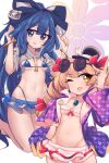  2girls :d bikini bikini_skirt blue_bikini blue_bow blue_eyes bow breasts breasts_apart cowboy_shot drill_hair eyewear_on_head groin hat highres medium_breasts mini_hat mini_top_hat multiple_girls navel see-through see-through_skirt skirt small_breasts smile stomach sunglasses swimsuit top_hat touhou twin_drills yellow_eyes yorigami_jo&#039;on yorigami_shion zibun_owl 