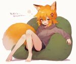  1girl alternate_costume animal_ear_fluff animal_ears bangs barefoot bean_bag_chair blonde_hair blush fang fox_ears fox_girl fox_tail full_body hair_between_eyes hood hoodie looking_at_viewer medium_hair official_art open_mouth rimukoro senko_(sewayaki_kitsune_no_senko-san) sewayaki_kitsune_no_senko-san short_hair shorts sitting smile solo tail toes yellow_eyes 