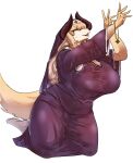  anthro big_breasts breasts canid canine canis carsen clothed clothing domestic_dog female fluffy fluffy_tail fur hi_res horn kneeling mammal multicolored_body multicolored_fur nun open_mouth open_smile red_eyes smile solo tongue tongue_out two_tone_body two_tone_fur yellow_body yellow_fur 