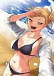  1girl absurdres bags_under_eyes beach belly bikini black_bikini blonde_hair blush boku_no_hero_academia breasts cleavage collarbone double_bun eyebrows_visible_through_hair fangs groin hair_bun hand_on_own_face highres jacket large_breasts legs lens_flare looking_at_viewer messy_hair midriff navel ocean open_clothes open_mouth open_shirt sand see-through selfie shaded_face shadow slit_pupils smile solo sun sunlight swimsuit teeth thighs toga_himiko tongue yellow_eyes zx623723 