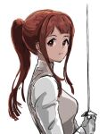  1girl character_request closed_mouth fencing_suit gloves grey_gloves holding holding_weapon idolmaster idolmaster_cinderella_girls ponytail rapier red_eyes red_hair sidelocks simple_background solo sword ushimochi weapon white_background 