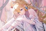  1girl bare_shoulders blonde_hair blue_eyes blurry blurry_foreground breasts collarbone crown curly_hair dress earrings gem gloves hair_between_eyes jewelry lace lace_gloves leaning_forward long_dress long_hair mario_(series) nachoz_(nachozart) princess princess_peach see-through sideboob sitting solo white_dress 