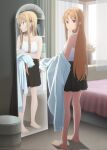  1girl artist_request asuna_(sao) bare_arms bare_legs bare_shoulders barefoot bed breasts brown_eyes brown_hair dressing feet flower highres legs long_hair looking_at_viewer looking_back medium_breasts mirror reflection school_uniform shirt skirt sword_art_online sword_art_online_progressive tank_top third-party_edit toes underwear white_shirt 