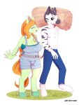  anthro bottomwear clothing denim denim_clothing duo ears_up earth_pony equid equine eyes_closed eyeshadow female fetlocks hay hay_bale hi_res horse jeans looking_at_another makeup male mammal my_little_pony open_mouth overalls pants pony shirtless simple_background sion_(artist) white_background zebra 