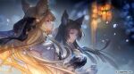  2girls animal_ears backless_coat backless_outfit bangs black_gloves black_hair blonde_hair blurry bokeh closed_mouth coat company_name copyright cup depth_of_field elsine_(granblue_fantasy) gloves granblue_fantasy hanging_lantern highres holding holding_cup lantern lips long_hair looking_at_viewer looking_up multiple_girls official_art parted_bangs parted_lips petals purple_eyes red_eyes sideways_mouth white_coat white_gloves yuisis_(granblue_fantasy) 