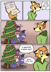  anthro big_breasts breasts canid canine canis clothing comic costume dialogue duo female fox foxo_(kobu_art) gift gynomorph hi_res intersex intersex/male kobu_art male male/female mammal santa_costume snow_(kobu_art) thick_thighs wolf 