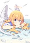  angel_wings blue_eyes gabriel_dropout gabriel_tenma_white highres onde_hair smile ukami water wings 