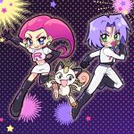  1boy 1girl blue_eyes boots chibi flower gloves green_eyes happy james_(pokemon) jessie_(pokemon) looking_at_viewer meowth oceaninspace pink_hair pokemon pokemon_(anime) pokemon_(creature) purple_hair rose smile team_rocket 