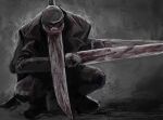  black_footwear black_pants blood blood_on_clothes blood_on_weapon chainsaw_man coat dry_blood facing_down fighting_stance grey_background greyscale hat katana katana_man_(chainsaw_man) kishima_(ki123454321) monochrome pants simple_background solo squatting sword trench_coat weapon 