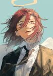  1boy angel_devil_(chainsaw_man) bangs black_jacket black_necktie business_suit chainsaw_man collared_shirt formal hair_between_eyes halo highres jacket long_hair looking_to_the_side messy_hair necktie open_mouth red_eyes red_hair shirt solo suit suit_jacket user_fapm37210 white_shirt white_wings wings 