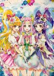  3girls :d bangs blonde_hair blush bow cure_felice cure_magical cure_miracle facial_mark forehead_mark hair_bow hair_ornament highres holding_hands looking_at_viewer mahou_girls_precure! multiple_girls own_hands_together painting_(medium) pink_hair ponytail precure pukara purple_eyes smile traditional_media watercolor_(medium) 