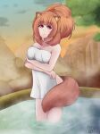  2022 absurd_res animal_humanoid big_breasts blush breasts brown_eyes brown_hair canid canid_humanoid canine canine_humanoid chest_tattoo detailed_background enrique849 female fluffy fluffy_tail hair hi_res hot_spring humanoid looking_at_viewer mammal mammal_humanoid raphtalia shy solo tanuki_humanoid tattoo the_rising_of_the_shield_hero towel towel_only water 