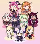  &gt;_&lt; 6+girls :3 absurdres ahoge animal_ears antlers asymmetrical_horns bangs bell black_footwear black_kimono black_skirt blonde_hair blue_eyes blunt_bangs boots bow braid braided_bangs breasts cape ceres_fauna chibi cleavage commentary demon_girl demon_horns demon_tail demon_wings detached_sleeves detached_wings double_bun dragon_girl dragon_horns dress english_commentary fang flower fur-trimmed_boots fur-trimmed_cape fur-trimmed_dress fur-trimmed_sleeves fur_trim gradient_hair green_hair hair_bell hair_flower hair_ornament hairclip heterochromia highres hololive hololive_english horn_bow horn_ornament horns irys_(hololive) japanese_clothes jingle_bell kimono kiryu_coco la+_darknesss labcoat long_hair long_sleeves looking_at_viewer mano_aloe microphone miniskirt mole mole_under_eye mpien multicolored_hair multiple_girls nakiri_ayame ninomae_ina&#039;nis off_shoulder okobo oni oni_horns open_mouth orange_hair pink_hair pleated_skirt pointy_ears purple_eyes purple_hair red_eyes red_footwear red_hair sheep_girl sheep_horns short_dress short_kimono simple_background single_thighhigh skirt sleeveless sleeveless_dress sleeves_past_wrists smile streaked_hair striped_horns tabi tail tail_around_arm tentacle_hair thighhighs trait_connection tsunomaki_watame two-tone_hair two_side_up very_long_hair virtual_youtuber white_dress white_hair wide_sleeves wings yellow_eyes yuzuki_choco 