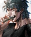  1boy black_shirt blue_hair chipocon cigar highres holding holding_cigar in_mouth looking_at_viewer male_focus muscular muscular_male open_mouth scar scar_on_face shirt smile solo toriko toriko_(series) white_background 