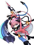  1girl absurdres asymmetrical_legwear bangs black_gloves blue_eyes blue_legwear closed_mouth cyslm gloves highres holding holding_sword holding_weapon honkai_(series) honkai_impact_3rd horns long_hair long_sleeves looking_back mismatched_legwear pink_hair pink_legwear rozaliya_olenyeva rozaliya_olenyeva_(fervent_tempo) simple_background smile solo sword tail thighhighs weapon white_background 