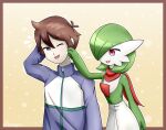  2022 3_fingers baterco blue_eyes brown_hair clothing duo eye_contact female fingers gardevoir green_hair hair hair_over_eye hand_behind_head happy hi_res human looking_at_another male mammal nintendo not_furry one_eye_closed one_eye_obstructed pinching_cheeks pink_background pok&eacute;mon pok&eacute;mon_(species) red_eyes romantic romantic_couple scarf simple_background tracksuit video_games 