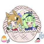  2022 accessory basket brown_eyes brown_hair chibi clothing connie_(rosse_chan) container duo easter easter_basket easter_egg eating_eggs eevee egg_painting female gardevoir green_hair hair hair_accessory hair_bow hair_ribbon holidays humanoid ivy_(rosse_chan) looking_at_viewer neck_tuft nintendo not_furry pok&eacute;mon pok&eacute;mon_(species) red_eyes ribbons rosse_chan signature simple_background sweater topwear tuft video_games white_background 