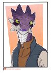  2022 anthro black_pupils bust_portrait clothed clothing colored darbaras frill_(anatomy) green_eyes happy head_crest head_frill hi_res horn lizard looking_at_viewer male open_mouth open_smile patreon patreon_logo patreon_username portrait pupils purple_body purple_tongue reptile scalie shirt signature smile solo teeth text tongue topwear url yellow_sclera 