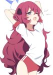  1girl ;o arms_behind_head arms_up blue_archive blush buruma cowboy_shot grey_eyes gym_shirt gym_uniform halo highres iroha_(blue_archive) long_hair one_eye_closed open_mouth puffy_short_sleeves puffy_sleeves red_buruma red_hair shirt short_sleeves simple_background solo supershiruco tears very_long_hair white_background white_shirt yawning 