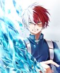  1boy bangs blue_eyes boku_no_hero_academia burn_scar clenched_teeth commentary eyebrows_visible_through_hair grey_background hair_between_eyes hand_up heterochromia highres ice iorieggs514 looking_at_viewer making-of_available male_focus multicolored_hair red_hair scar scar_on_face short_hair solo split-color_hair symbol-only_commentary teeth todoroki_shouto twitter_username two-tone_hair upper_body white_hair 