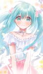  1girl :&lt; absurdres aqua_eyes aqua_hair bare_arms bare_shoulders blue_flower blurry blurry_background blush choker chromatic_aberration closed_mouth collarbone dot_nose eyebrows_visible_through_hair eyelashes flower hair_between_eyes hair_flower hair_ornament hatsune_miku high-waist_skirt highres kuru_(krkr8686) light_blush light_particles long_hair melt_(vocaloid) nose_blush off-shoulder_shirt off_shoulder pink_flower pink_skirt purple_flower ribbon ribbon_choker shirt shy skirt solo tareme transparent transparent_umbrella twintails umbrella upper_body v_arms very_long_hair vocaloid wavy_hair white_flower white_ribbon white_shirt wide-eyed yellow_flower 