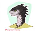  2022 anthro black_body black_horn black_pupils bust_portrait clothed clothing colored darbaras green_sclera horn lizard looking_aside male patreon patreon_logo patreon_username portrait pupils reptile scalie shirt signature smile smug solo teeth text topwear url yellow_clothing yellow_eyes yellow_shirt yellow_topwear 