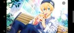  1boy bench blonde_hair blue_pants blush camera camera_phone eugeo fcc food fruit hat highres jacket open_mouth pants sitting strawberry sunlight sword_art_online 