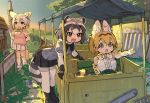  3girls animal_ears arms_behind_back bare_shoulders black_bow black_legwear black_skirt blonde_hair blue_sweater blush bow bowtie cat_ears cat_girl cat_tail center_frills common_raccoon_(kemono_friends) elbow_gloves extra_ears eyebrows_visible_through_hair fennec_(kemono_friends) fox_ears fox_girl fox_tail frills fur_collar gloves grey_hair ground_vehicle high-waist_skirt highres kemono_friends multicolored_hair multiple_girls pantyhose pink_sweater pleated_skirt pointing print_bow print_bowtie print_gloves puffy_short_sleeves puffy_sleeves raccoon_ears raccoon_girl raccoon_tail railroad_tracks serval_(kemono_friends) serval_print shirt short_hair short_sleeves sign skirt sleeveless spawnfoxy sweater symbol-only_commentary tail thighhighs train two-tone_legwear white_fur white_hair white_legwear white_shirt white_skirt yellow_bow yellow_eyes yellow_legwear zettai_ryouiki 