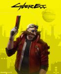  1boy bald black_shirt closed_mouth cyberpunk_2077 cyborg dr._eggman facial_hair glasses gloves goggles gun holding holding_gun holding_weapon jacket male_focus mustache parody red_jacket shirt solo sonic_(series) totesfleisch8 weapon white_gloves 