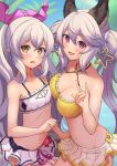  2girls absurdres animal_ears bandeau bangs bare_shoulders bikini bikini_skirt blurry blurry_background blush breasts cleavage cowboy_shot criss-cross_halter double_bun flat_chest fox_shadow_puppet frilled_bikini frills granblue_fantasy groin halterneck highres large_breasts long_hair looking_at_viewer medusa_(shingeki_no_bahamut) multiple_girls navel open_mouth paid_reward_available ponytail purple_eyes purple_hair pyonsan satyr_(granblue_fantasy) small_breasts smile swimsuit yellow_eyes 