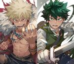  2boys abs bakugou_katsuki bare_pectorals belt blonde_hair boku_no_hero_academia earrings fighting_stance freckles gloves green_eyes green_hair holding holding_sword holding_weapon jewelry kadeart looking_at_viewer male_focus midoriya_izuku multiple_belts multiple_boys multiple_necklaces open_mouth pectorals red_eyes scratches short_hair spiked_hair sword toned toned_male twitter_username v-shaped_eyebrows weapon white_gloves 