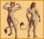  1:1 anthro butt canid canine canis digital_drawing_(artwork) digital_media_(artwork) digital_painting_(artwork) duo felid flexing flexing_bicep flexing_both_biceps flexing_muscles furrholic genitals hair hybrid lion looking_at_viewer male mammal muscular pantherine penis pubes red_hair smile smiling_at_viewer smirk wolf 