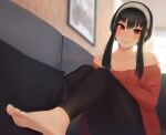  1girl bangs bare_shoulders barefoot black_hair black_legwear blurry blurry_background blush closed_mouth collarbone couch cushion dress earrings gold_earrings hairband hanr10 highres jewelry knees_up lips long_hair looking_at_viewer off-shoulder_sweater off_shoulder on_couch pantyhose picture_frame red_eyes red_sweater short_hair_with_long_locks sidelocks sitting solo spy_x_family sweater sweater_dress white_hairband yor_briar 