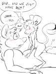 animal_genitalia animancer anthro butt comic demon dialogue dipodid duo english_text female genitals henry_asmodeus hi_res hyaenid jerboa luck_(animancer) mammal monochrome pseudo-penis raised_tail rodent size_difference sketch skinny slightly_chubby spotted_hyena text 