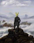  2022 anthro biped cane caspar_david_friedrich clothed clothing detailed_background hi_res lagomorph leporid mammal mountain outside rabbit solo standing suule 