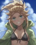  1girl bangs blonde_hair blue_sky braid breasts fate/apocrypha fate_(series) french_braid green_eyes green_jacket grin highres jacket long_hair long_sleeves looking_at_viewer mordred_(fate) mordred_(fate/apocrypha) open_clothes open_jacket parted_bangs ponytail sidelocks sky small_breasts smile solo tonee 