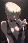  1girl artist_name artoria_pendragon_(fate) black_bow blonde_hair bow braid breasts chain chain_leash cleavage collar collarbone dutch_angle fate/grand_order fate_(series) french_braid gradient gradient_background hair_bow highres leash looking_at_viewer medium_breasts one_eye_closed saber_alter shaded_face smile solo yellow_eyes zealyush 