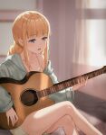  absurdres acoustic_guitar bangs bare_legs blonde_hair blue_eyes blunt_bangs blurry blurry_background blush braid crossed_legs curtains eyebrows_visible_through_hair guitar highres indoors instrument light_blush long_hair long_sleeves music off_shoulder open_mouth paripi_koumei playing_instrument sidelocks single_braid sitting tsukimi_eiko twintails zkzl2600 