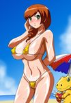  adjusting_hair agumon areola_slip areolae arm_behind_back bangs beach bikini bikini_tan blush breasts brown_hair cloud covered_nipples cowboy_shot daimon_sayuri day digimon digimon_savers drill_hair green_eyes hair_over_shoulder highleg highleg_bikini highleg_swimsuit holding huge_breasts jpeg_artifacts long_hair looking_at_viewer makino_tomoyasu mature micro_bikini navel ocean outdoors pubic_hair puffy_nipples sagging_breasts seductive_smile shiny shiny_skin sideboob skindentation sky smile standing string_bikini sweat swept_bangs swimsuit tan tanline thong_bikini umbrella underboob water wedgie wide_hips 