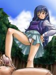  1girl akaga_hirotaka bad_feet barefoot blue_hair cum feet footjob hands_on_hips hetero long_hair menori mujin_wakusei_survive panties pantyshot penis purple_eyes solo_focus underwear upskirt 