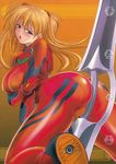  all_fours alternate_breast_size arched_back ass back_cover bangs between_buttocks blue_eyes blush bodysuit bracer breast_hold breasts clenched_hand cover cover_page covered_nipples crotch_rub double-blade doujin_cover fat_mons floating_hair foreshortening from_side gloves hair_between_eyes half-closed_eyes head_tilt headgear highres impossible_bodysuit impossible_clothes kawaraya_a-ta large_breasts legs_apart long_hair looking_at_viewer looking_back looking_to_the_side neon_genesis_evangelion non-web_source open_mouth orange_hair pilot_suit planted_weapon plugsuit raised_eyebrows rating red_bodysuit scan shiny shiny_clothes solo souryuu_asuka_langley sweatdrop thighs transparent turtleneck weapon 