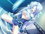  alicia_infans bed blue_bra blue_hair bow bow_bra bra bra_lift breasts censored game_cg green_eyes highres long_hair magus_tale medium_breasts mosaic_censoring no_panties solo tenmaso underwear 