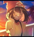  1girl beanie black_hair cloud creatures_(company) eyes_closed game_freak grin hat highres mizuki_(pokemon) nintendo pokemon pokemon_(game) pokemon_sm red_hat short_hair short_sleeves sky smile solo unapoppo upper_body 