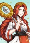  1girl adricarra artist_name blue_background braid fire_emblem fire_emblem:_souen_no_kiseki fire_emblem_heroes flower green_eyes head_wreath highres holding holding_staff jewelry long_hair necklace nintendo petals red_hair simple_background single_braid solo staff tiamat_(fire_emblem) upper_body wide_sleeves 