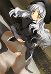  caren_hortensia censored fate/hollow_ataraxia fate/stay_night fate_(series) hat highres layered_sleeves pantyhose pussy silver_hair solo splush_wave yellow_eyes 