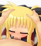  1girl alexi_(tits!) blonde_hair cum cum_in_mouth deepthroat fate_testarossa fellatio hands_on_another's_head head_grab hetero lyrical_nanoha mahou_shoujo_lyrical_nanoha oral penis solo_focus 